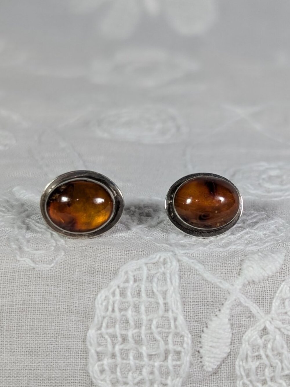 Vintage Amber Cabochon Orange/Cognac Stone with Silver Stud Post Earrings - Picture 6 of 13